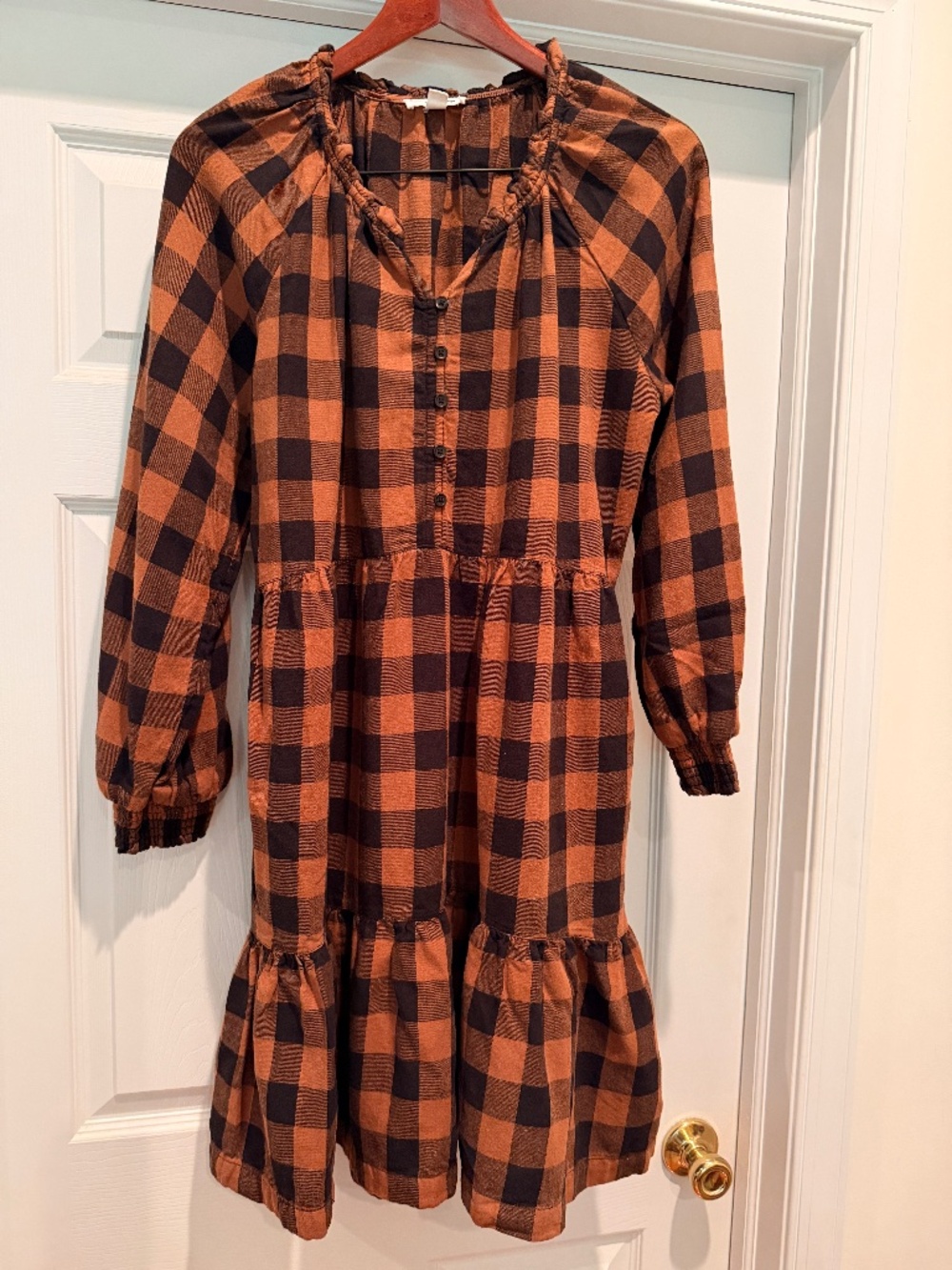 Beachlunchlounge Brown Black Buffalo Check Plaid Tiered Babydoll Dress Womens M